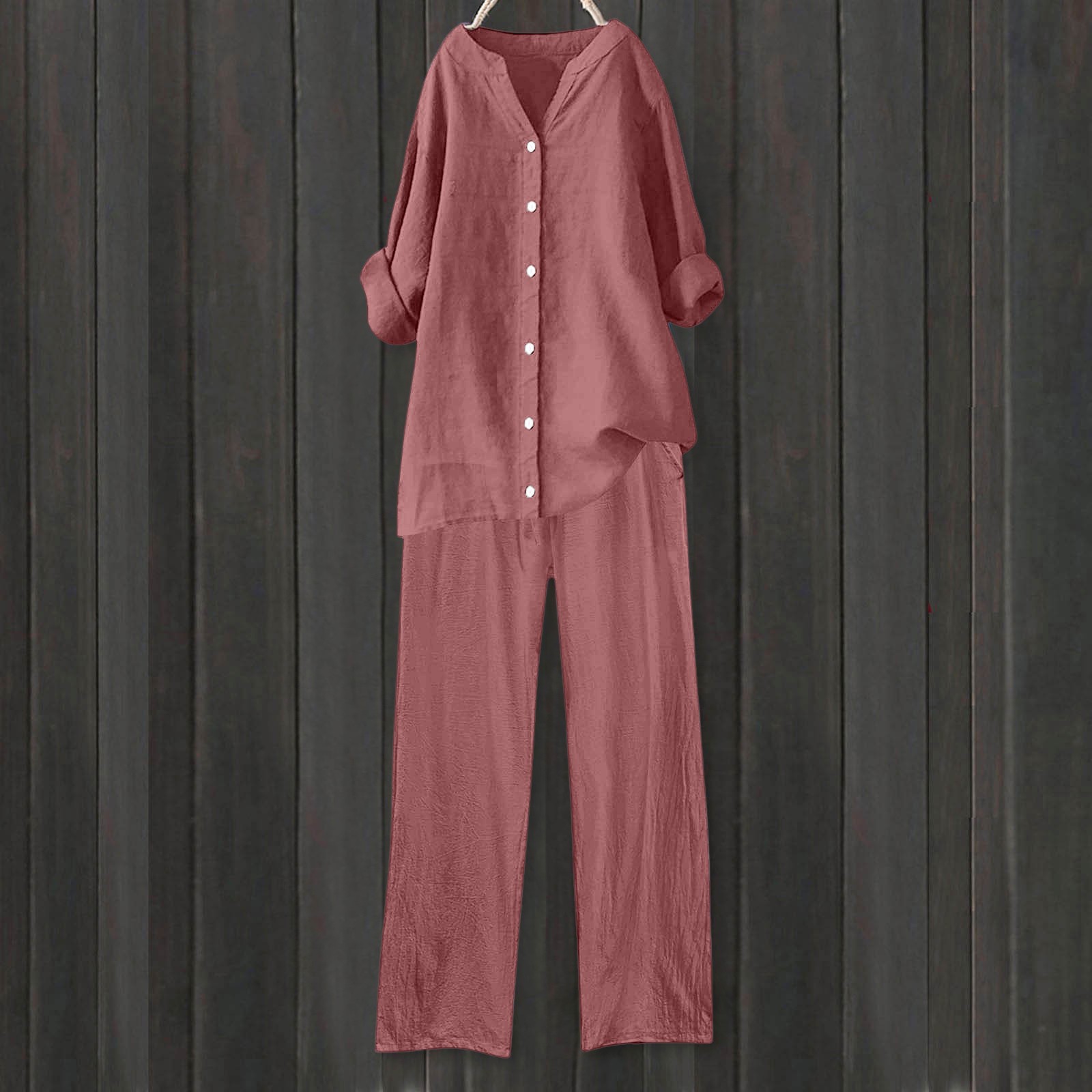 thumbnail image 4 of Conjuntos de 2 piezas para mujer: blusa de pierna ancha y pantalones elásticos. Camisa informal con cuello en V y bolsillos. Ropa urbana para todas las estaciones., 4 of 4